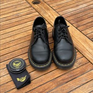 Dr. Martens Black Leather Oxfords with Yellow Stitching